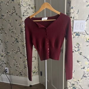 Reformation Ribbed Button-Front Cardigan in Wine